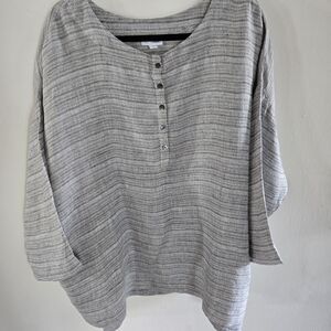 Pure Jill Linen Top Womens 2X Gray 3/4 Sleeve  Side Pockets Heavy Weave